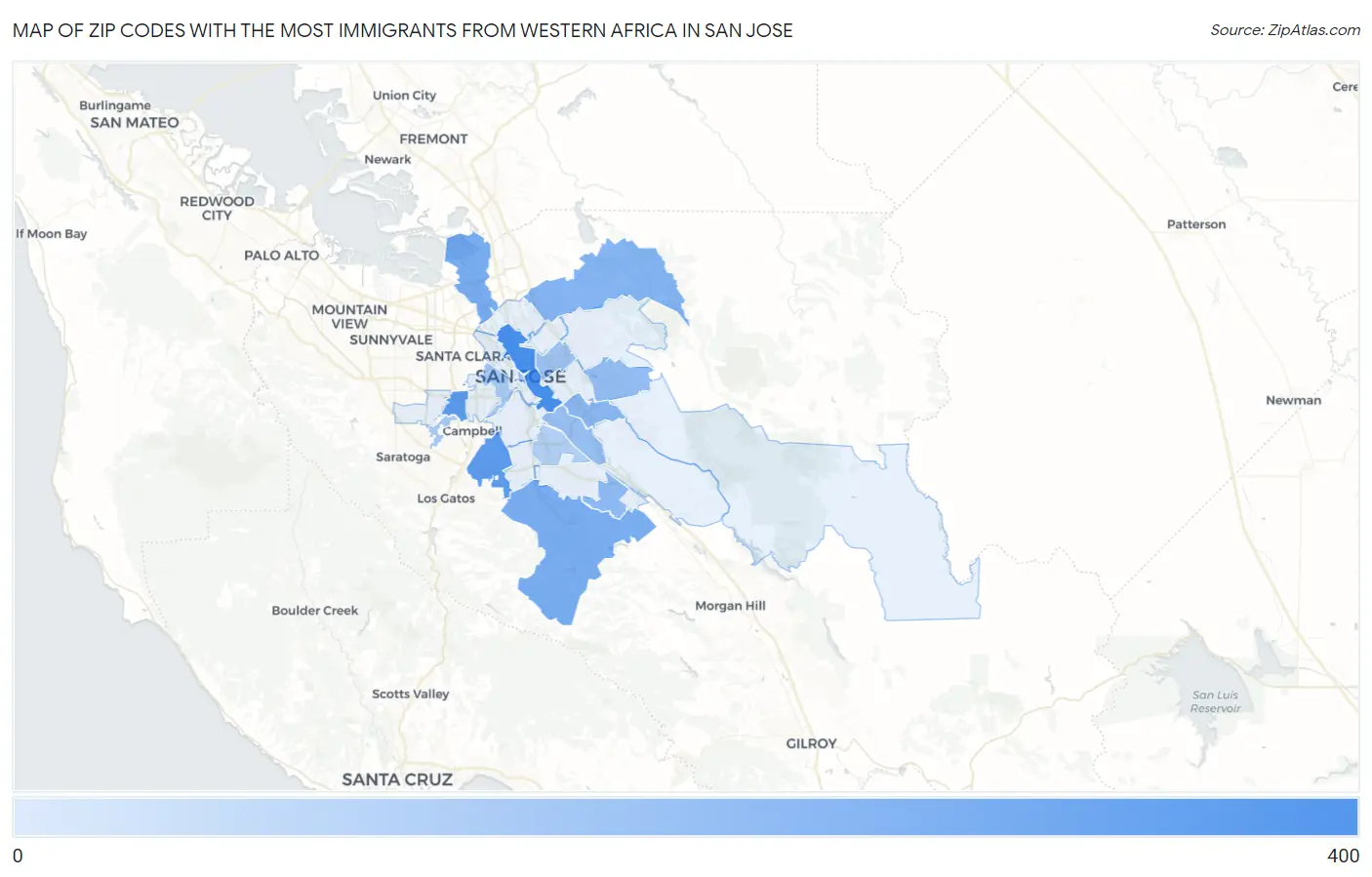 Zip Codes with the Most Immigrants from Western Africa in San Jose Map