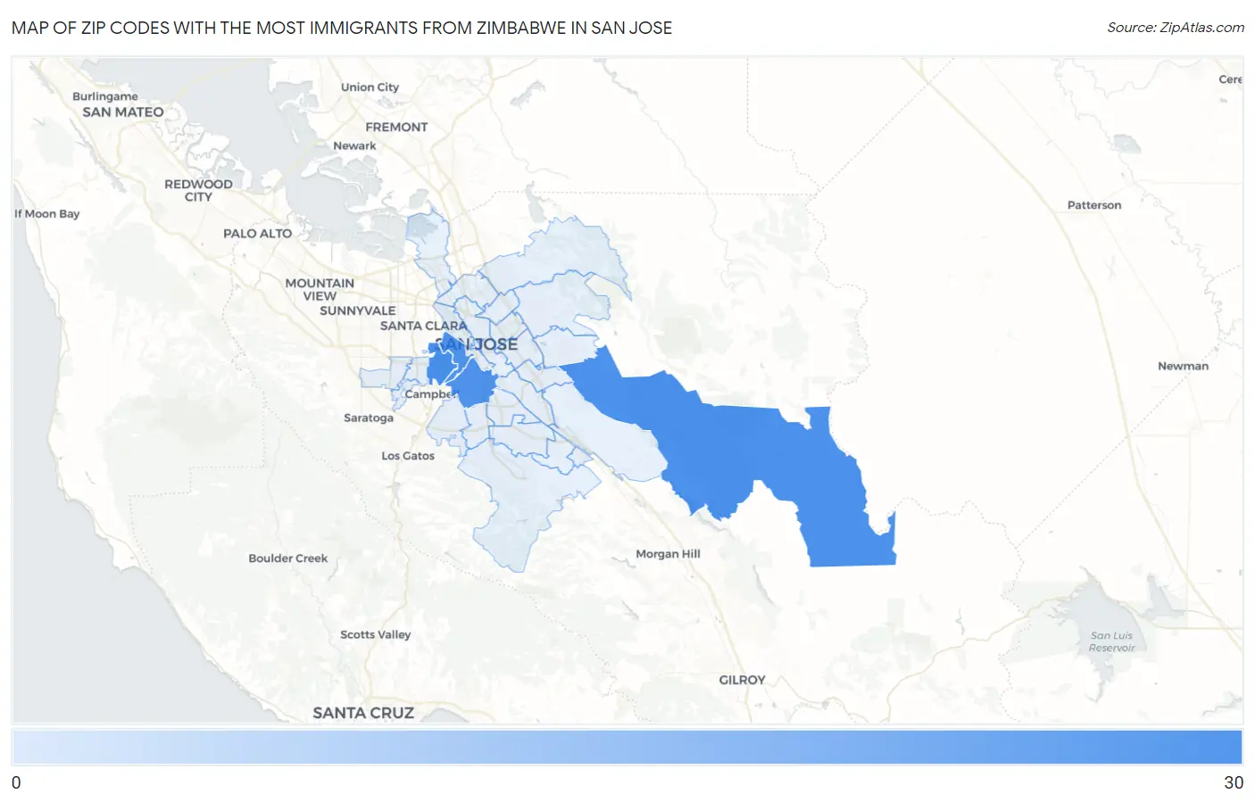 Zip Codes with the Most Immigrants from Zimbabwe in San Jose Map