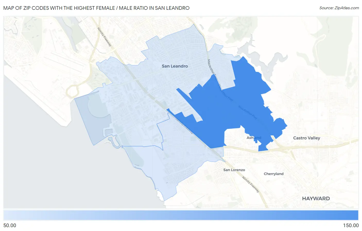 Zip Codes with the Highest Female / Male Ratio in San Leandro Map