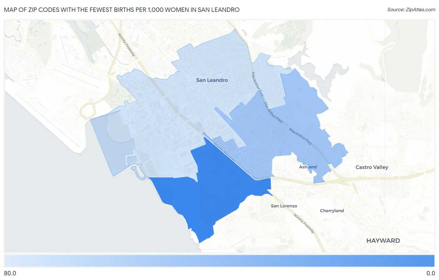 Zip Codes with the Fewest Births per 1,000 Women in San Leandro Map
