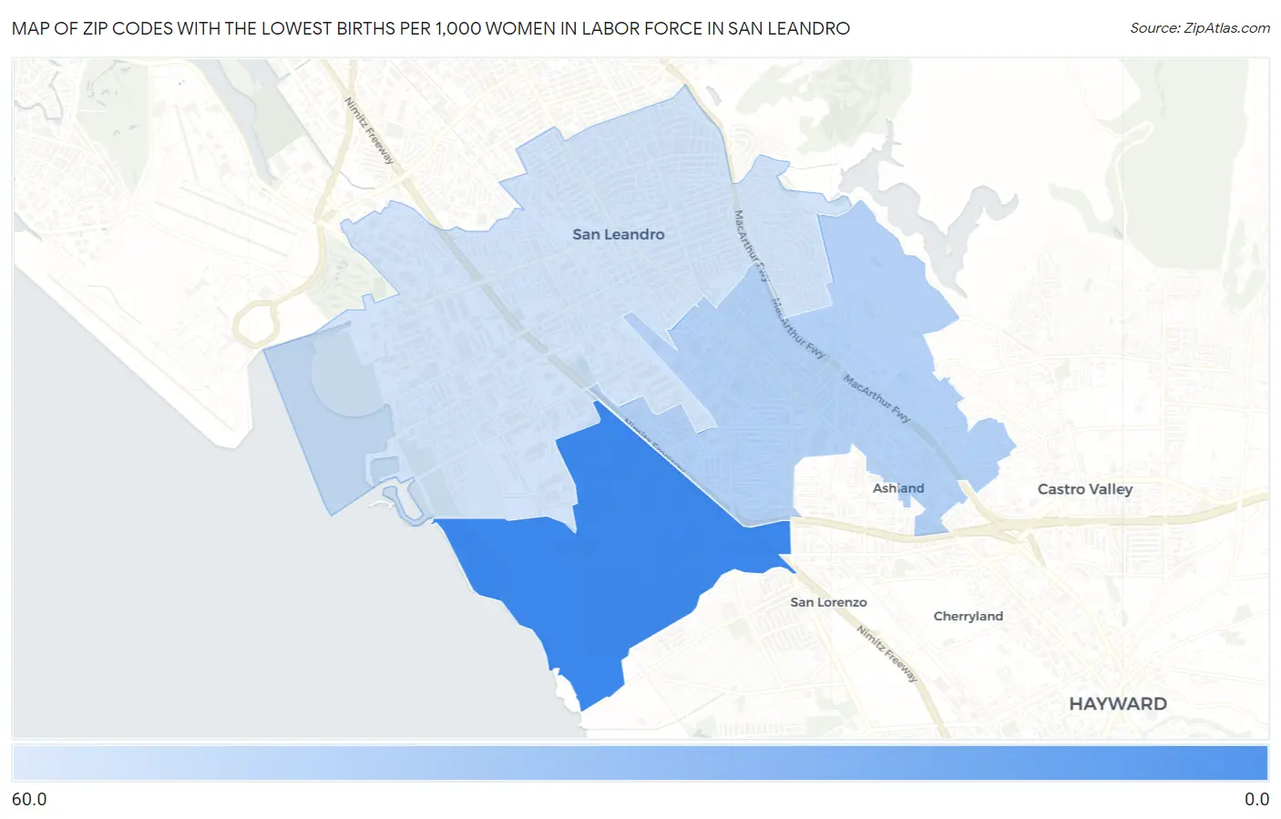 Zip Codes with the Lowest Births per 1,000 Women in Labor Force in San Leandro Map