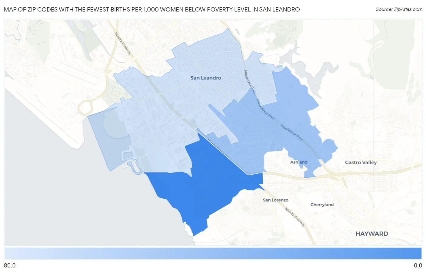 Zip Codes with the Fewest Births per 1,000 Women Below Poverty Level in San Leandro Map
