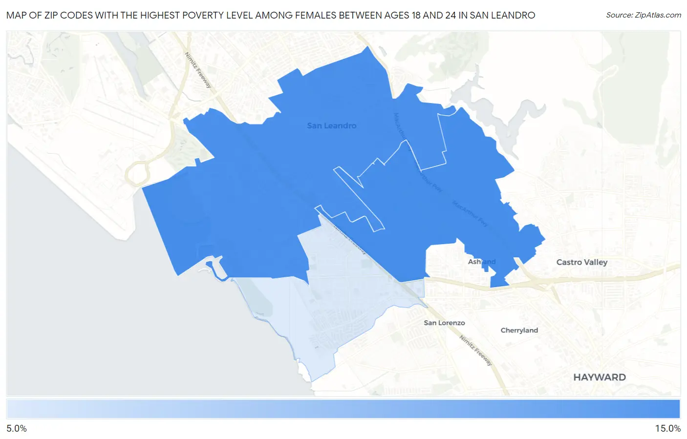 Zip Codes with the Highest Poverty Level Among Females Between Ages 18 and 24 in San Leandro Map
