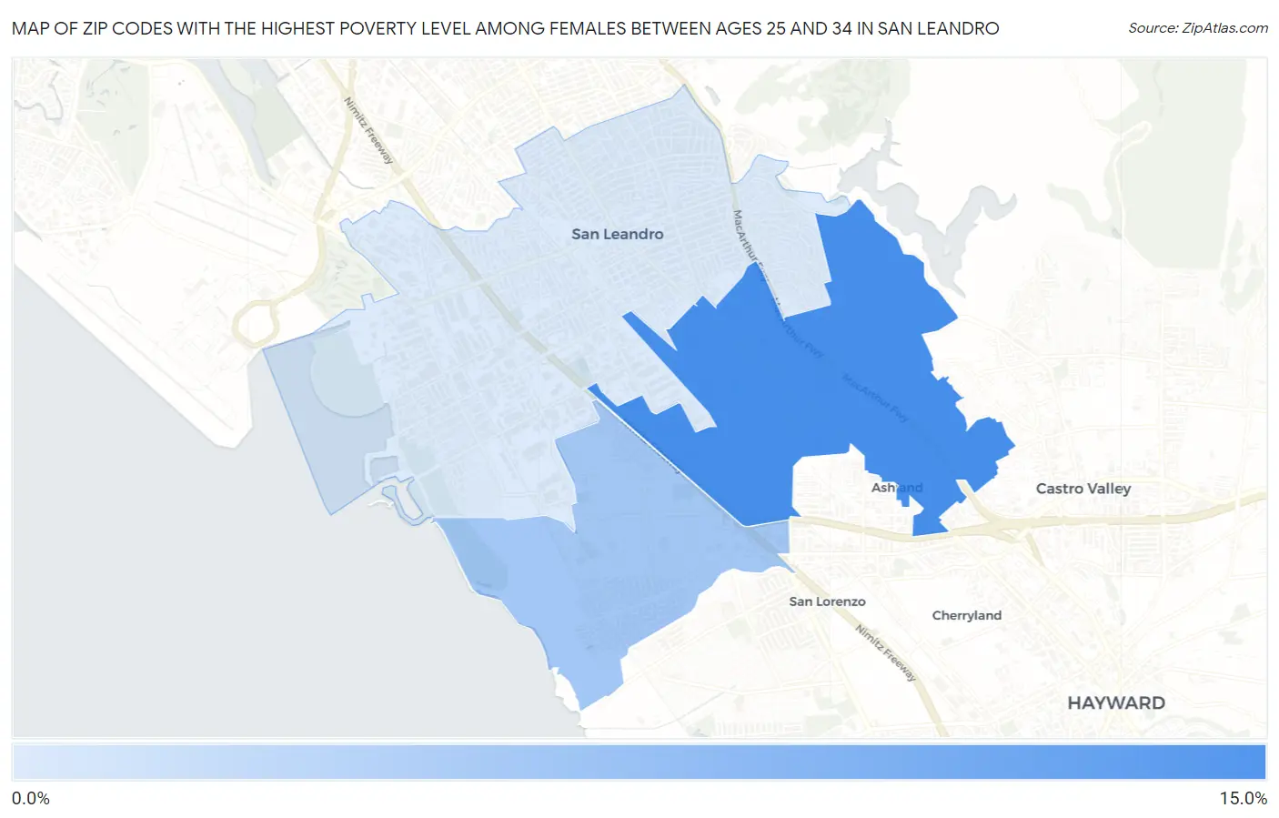 Zip Codes with the Highest Poverty Level Among Females Between Ages 25 and 34 in San Leandro Map