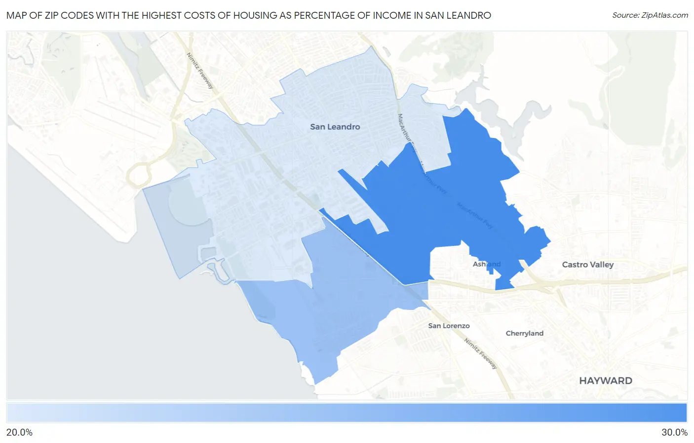 Zip Codes with the Highest Costs of Housing as Percentage of Income in San Leandro Map