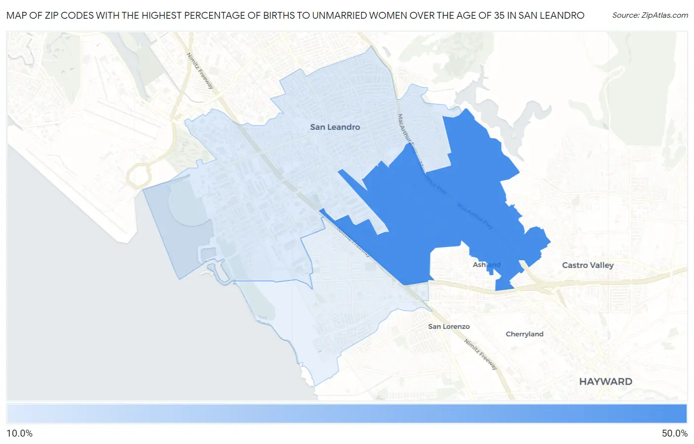 Zip Codes with the Highest Percentage of Births to Unmarried Women over the Age of 35 in San Leandro Map