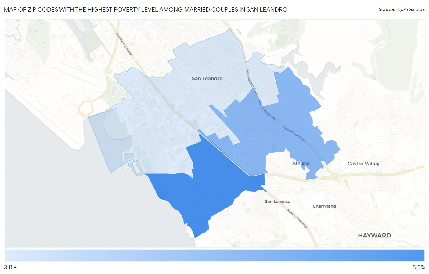 Zip Codes with the Highest Poverty Level Among Married Couples in San Leandro Map