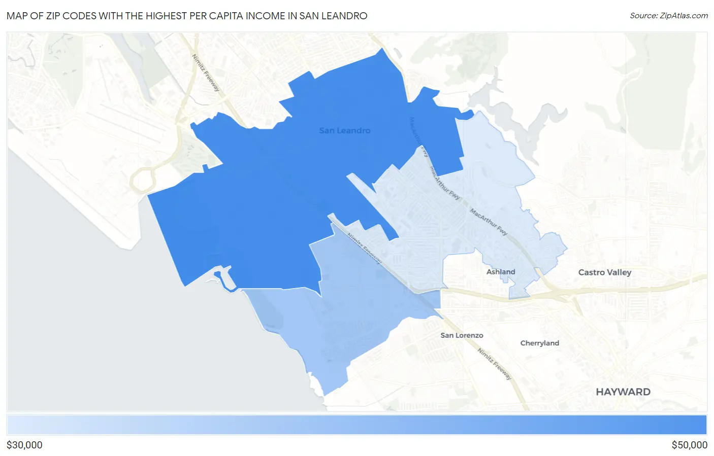Zip Codes with the Highest Per Capita Income in San Leandro Map