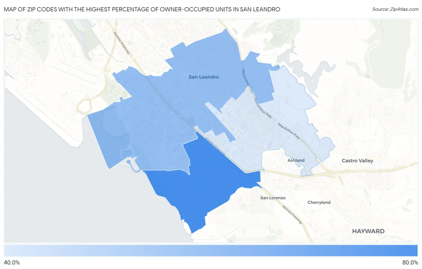 Zip Codes with the Highest Percentage of Owner-Occupied Units in San Leandro Map