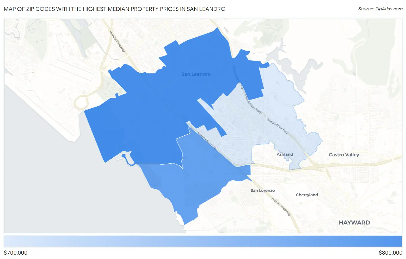 Zip Codes with the Highest Median Property Prices in San Leandro Map