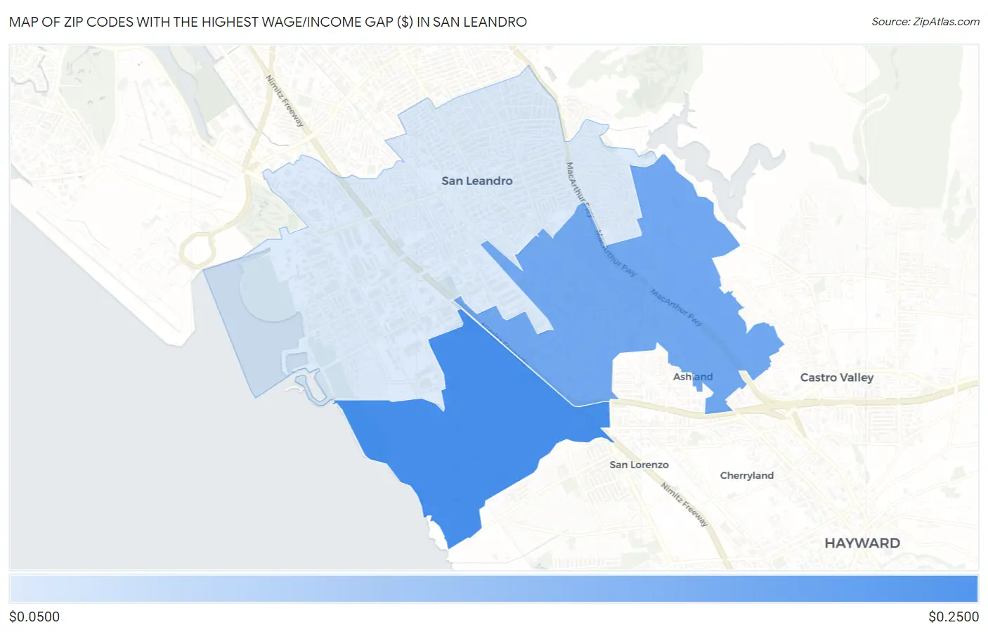 Zip Codes with the Highest Wage/Income Gap ($) in San Leandro Map