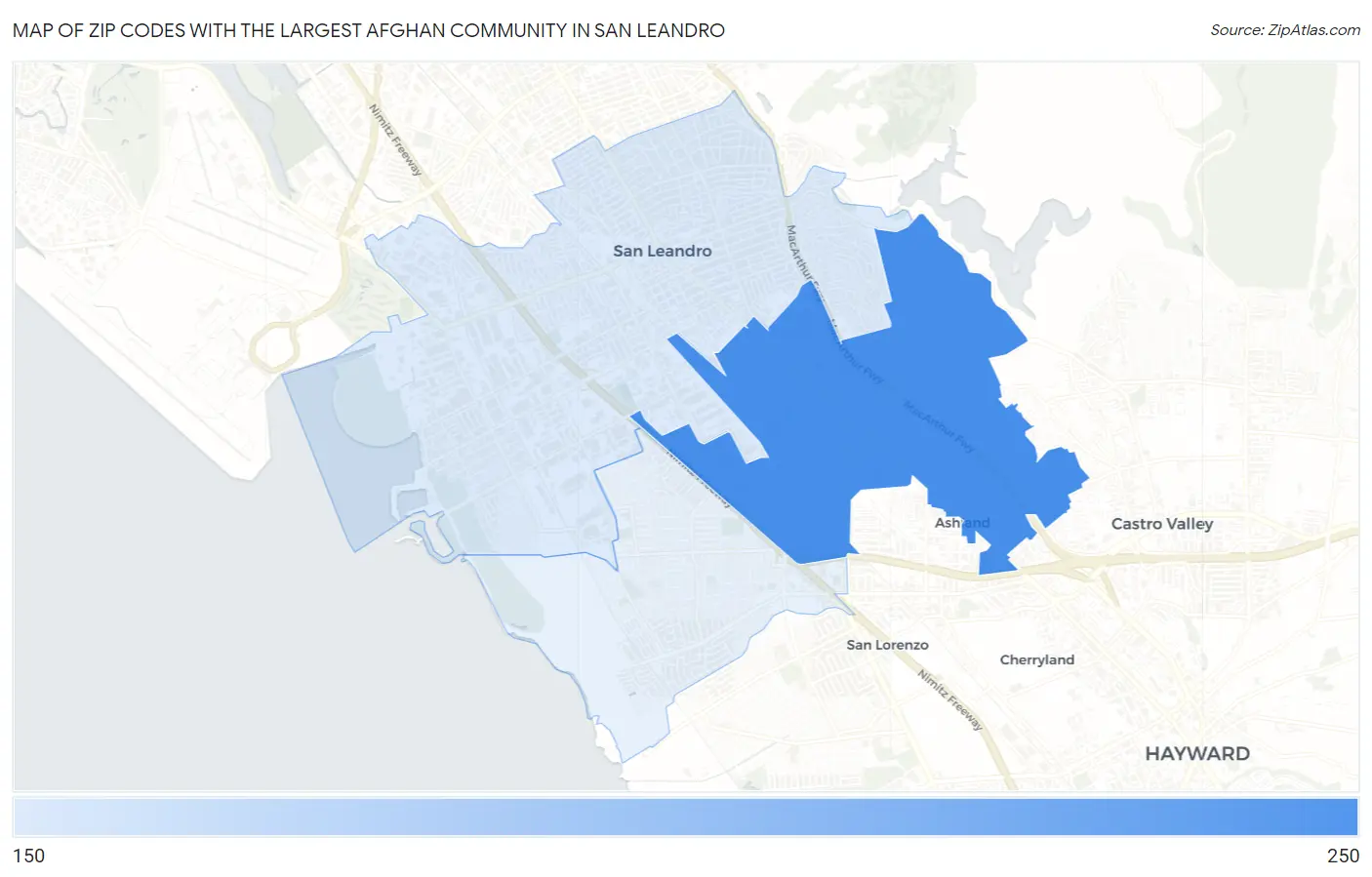 Zip Codes with the Largest Afghan Community in San Leandro Map