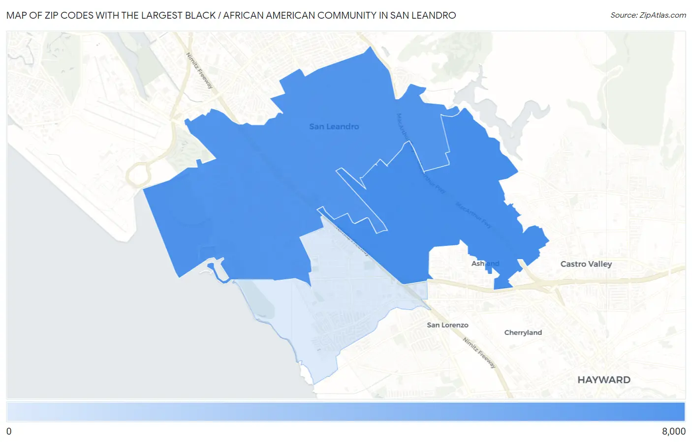 Zip Codes with the Largest Black / African American Community in San Leandro Map