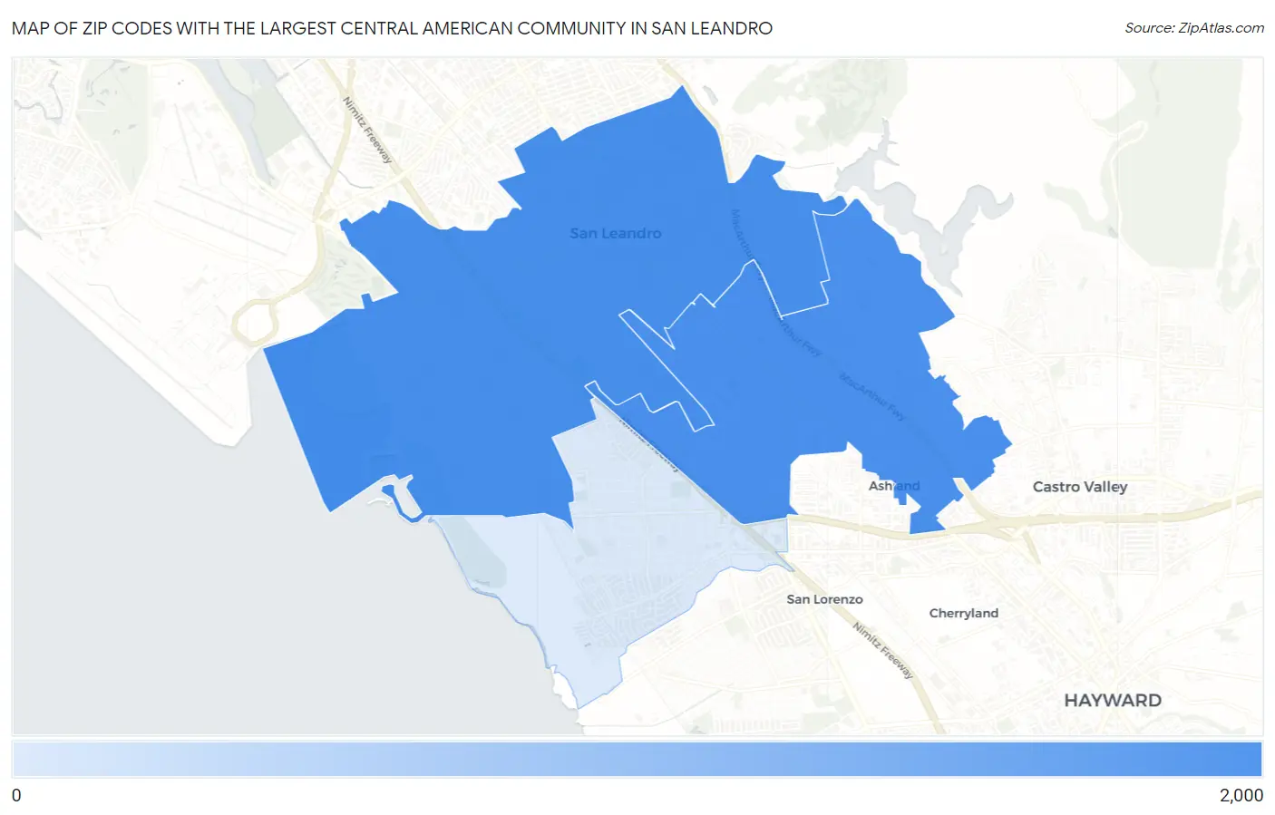 Zip Codes with the Largest Central American Community in San Leandro Map