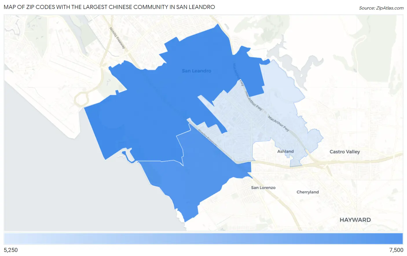 Zip Codes with the Largest Chinese Community in San Leandro Map