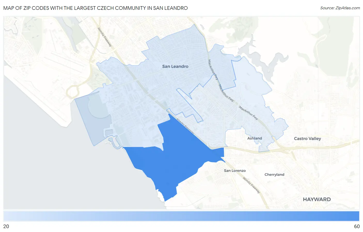Zip Codes with the Largest Czech Community in San Leandro Map