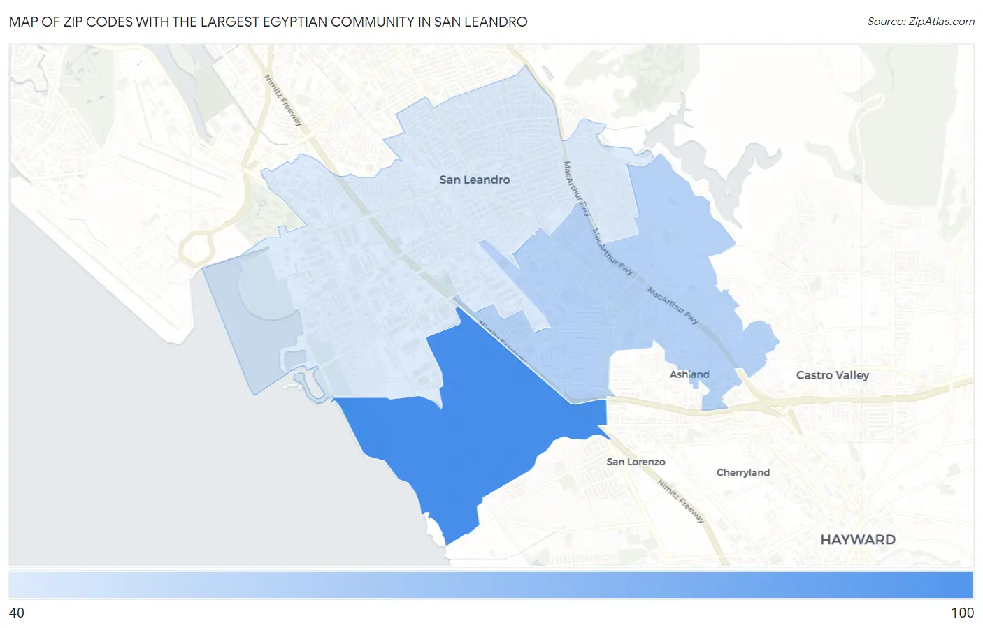 Zip Codes with the Largest Egyptian Community in San Leandro Map