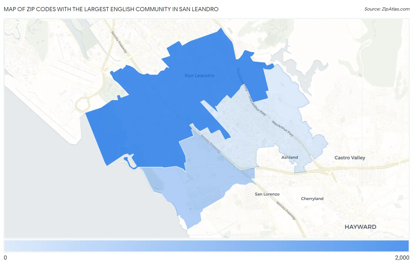 Zip Codes with the Largest English Community in San Leandro Map