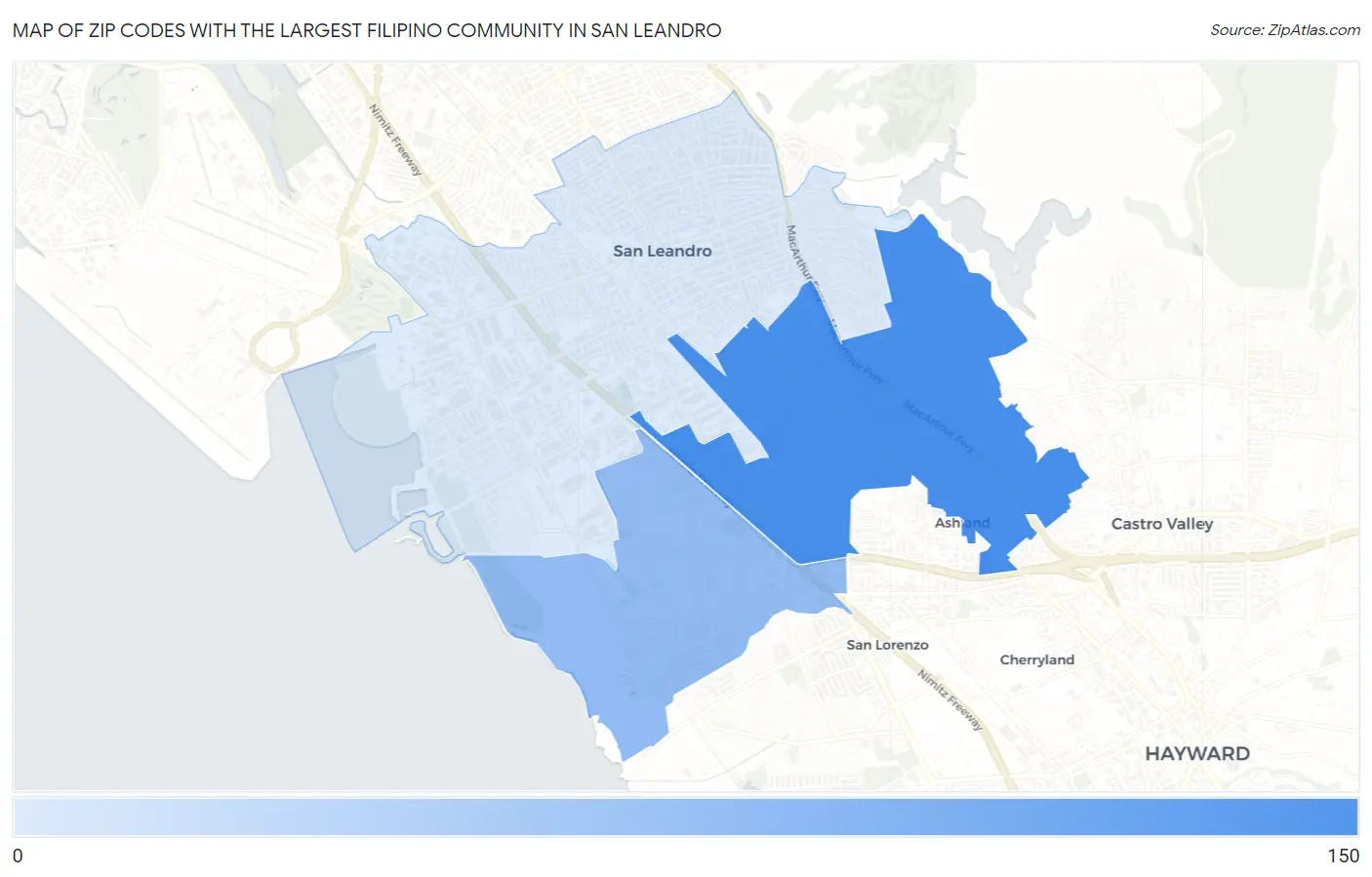 Zip Codes with the Largest Filipino Community in San Leandro Map