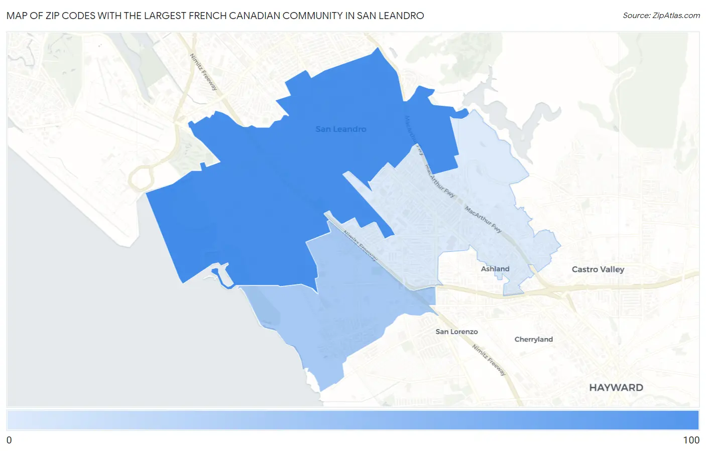 Zip Codes with the Largest French Canadian Community in San Leandro Map