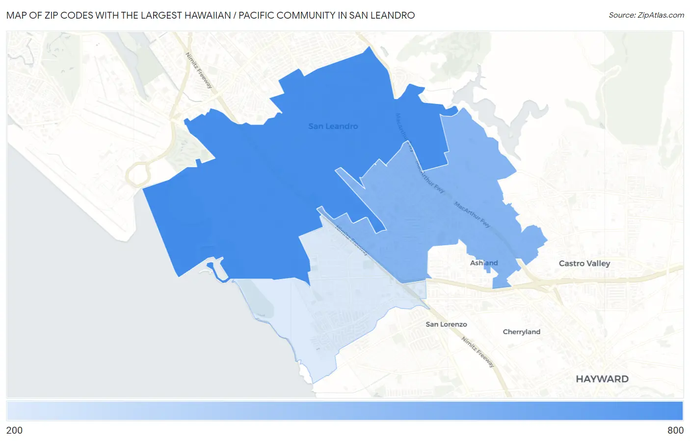 Zip Codes with the Largest Hawaiian / Pacific Community in San Leandro Map