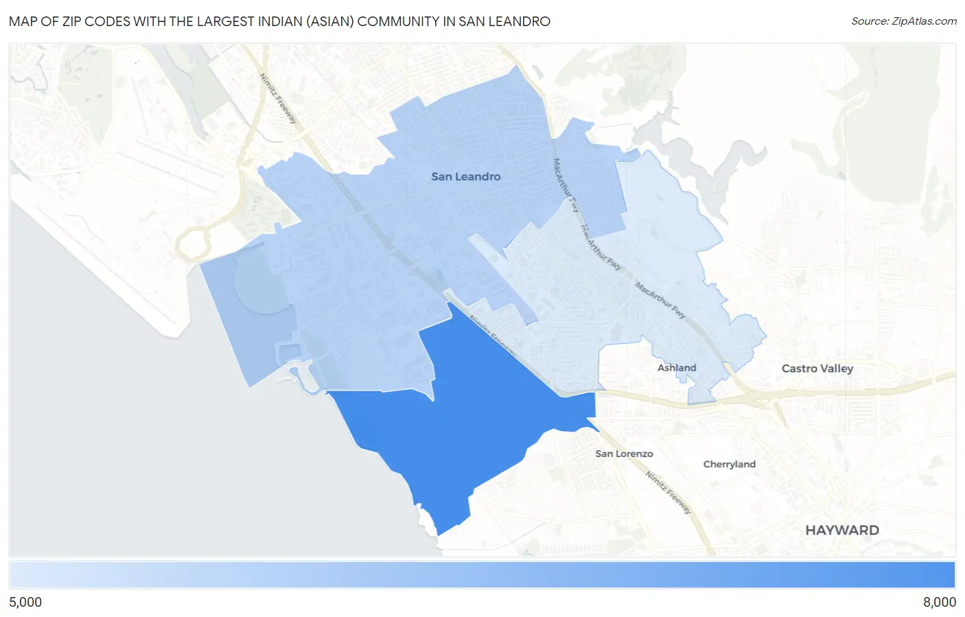 Zip Codes with the Largest Indian (Asian) Community in San Leandro Map