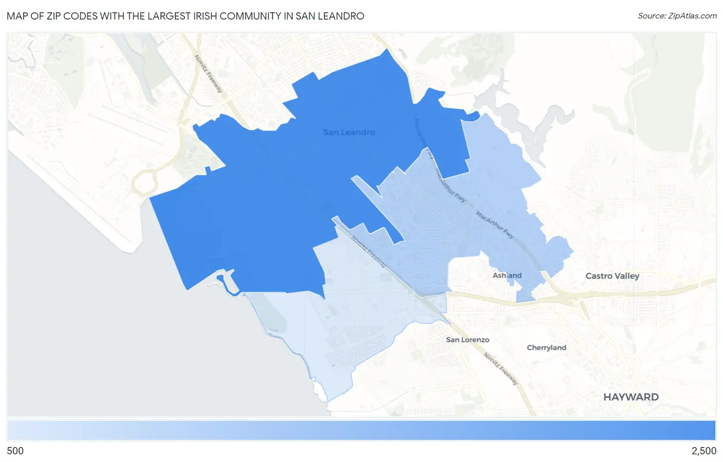 Zip Codes with the Largest Irish Community in San Leandro Map