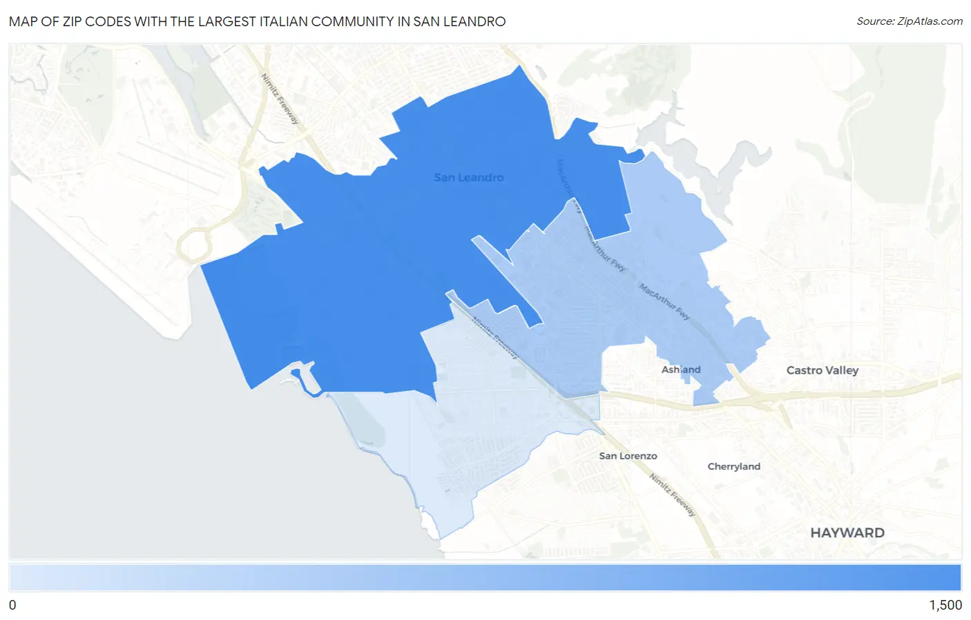Zip Codes with the Largest Italian Community in San Leandro Map