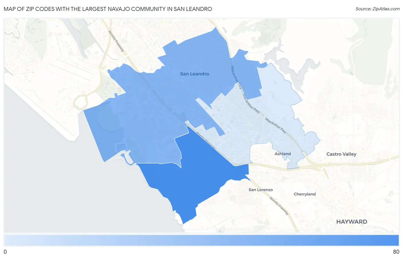 Zip Codes with the Largest Navajo Community in San Leandro Map