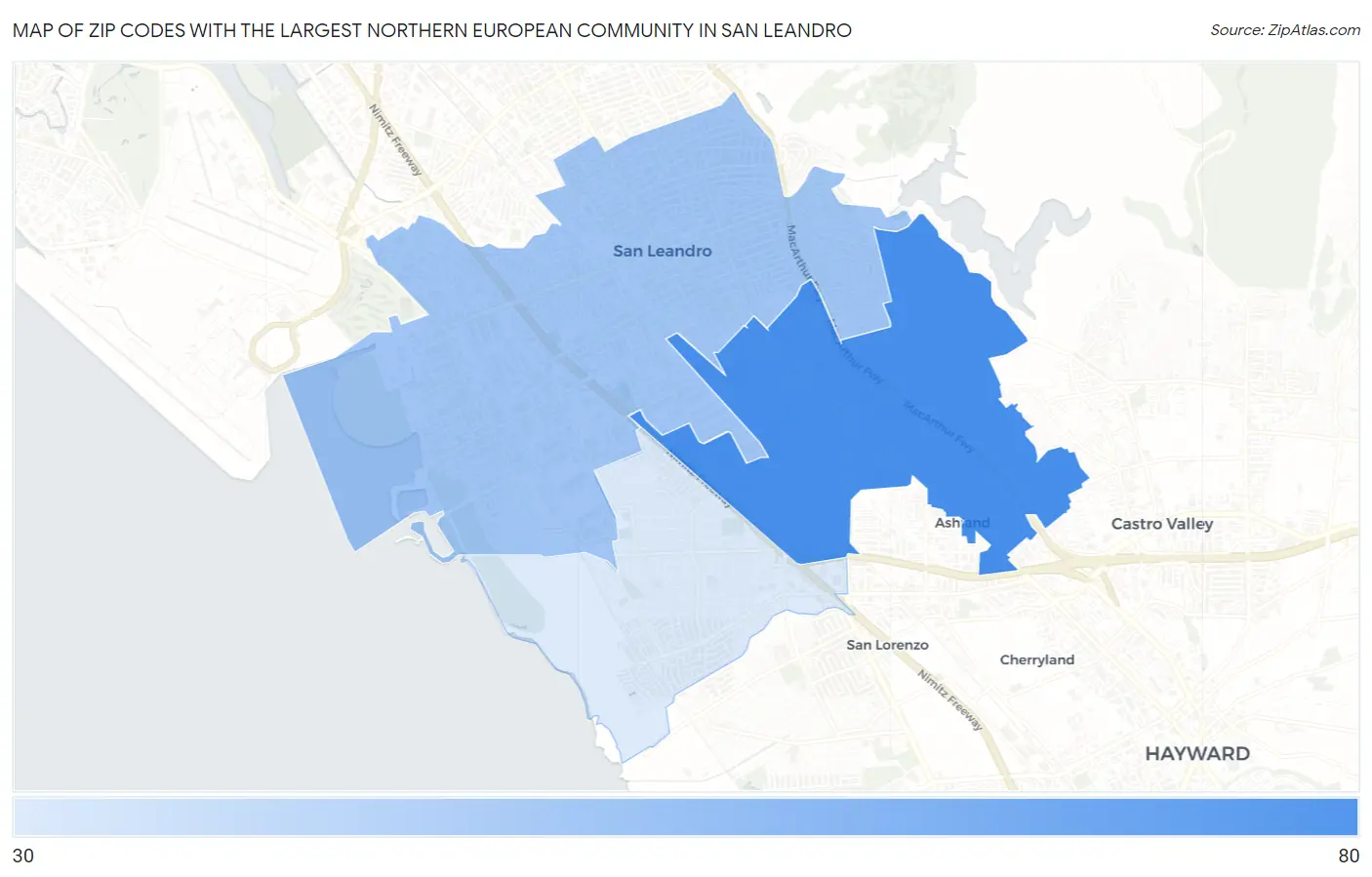Zip Codes with the Largest Northern European Community in San Leandro Map
