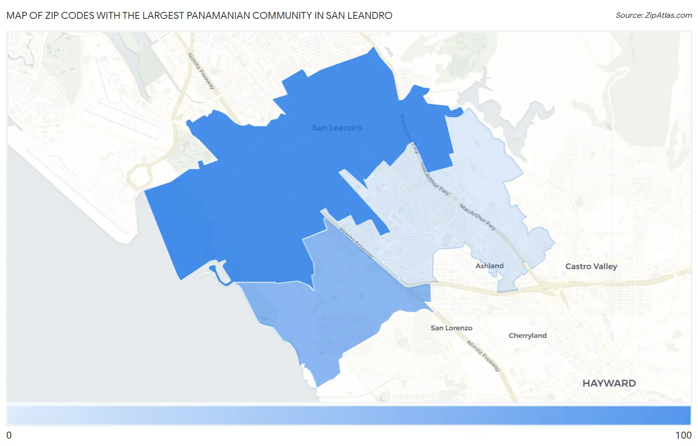 Zip Codes with the Largest Panamanian Community in San Leandro Map
