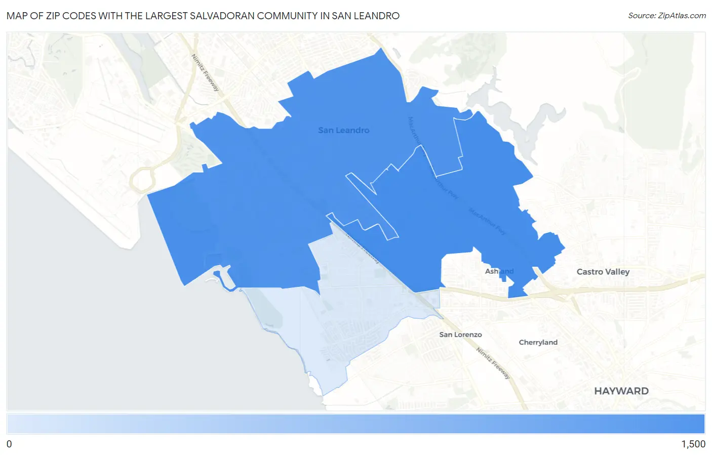 Zip Codes with the Largest Salvadoran Community in San Leandro Map