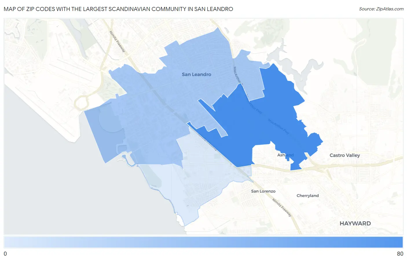 Zip Codes with the Largest Scandinavian Community in San Leandro Map