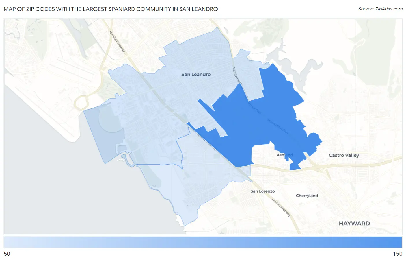 Zip Codes with the Largest Spaniard Community in San Leandro Map