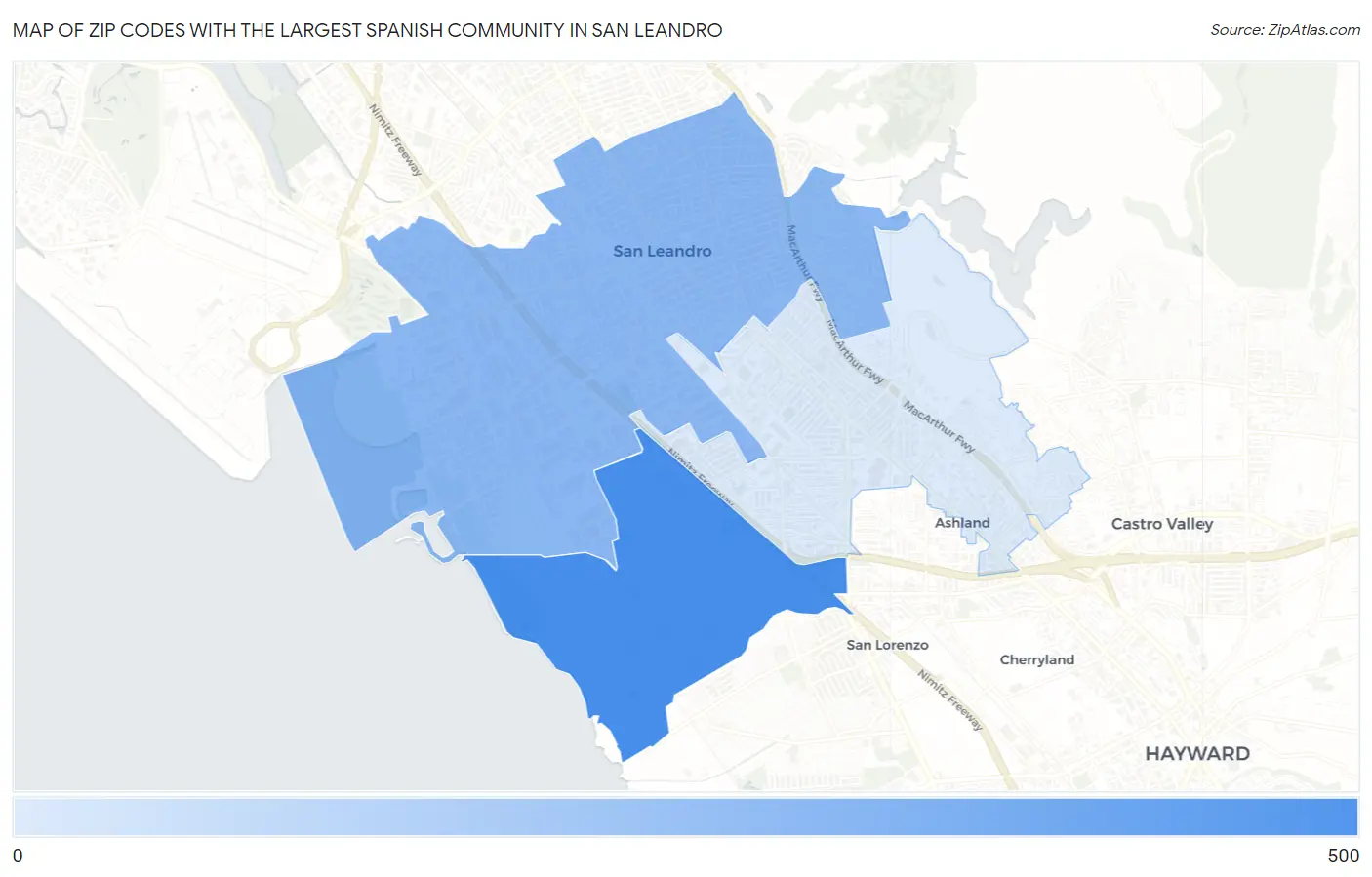 Zip Codes with the Largest Spanish Community in San Leandro Map