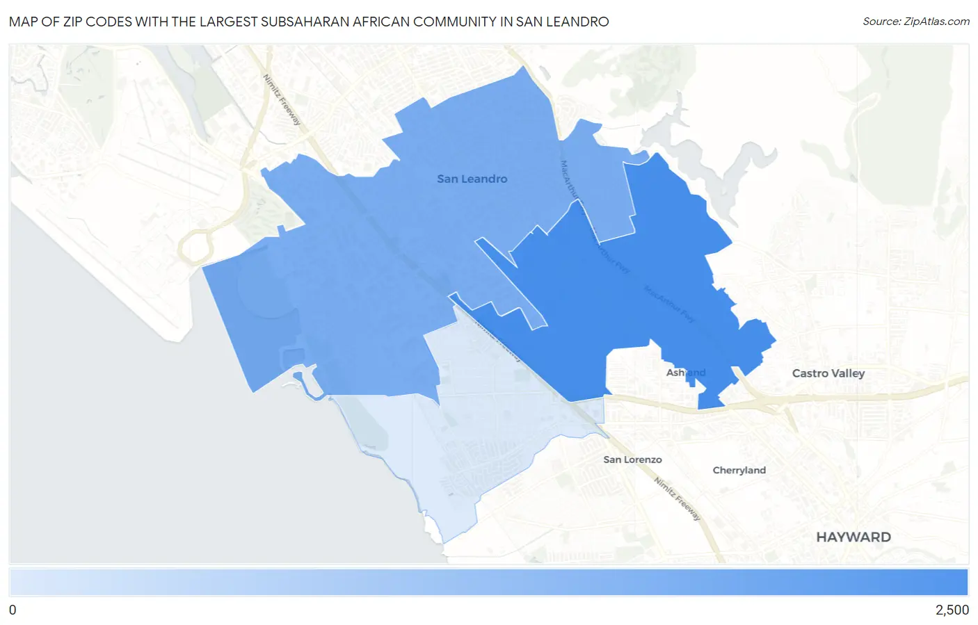 Zip Codes with the Largest Subsaharan African Community in San Leandro Map