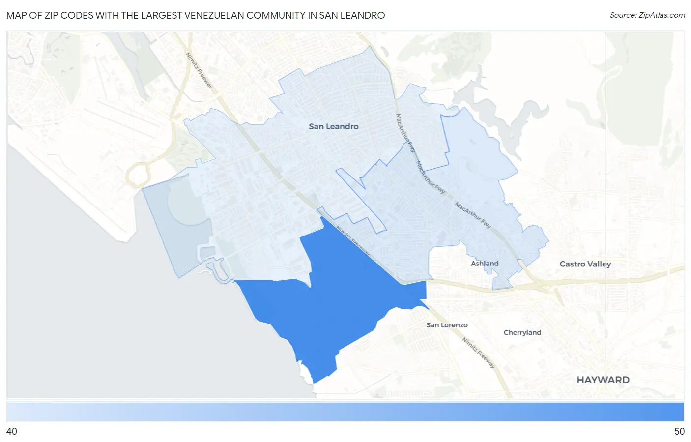 Zip Codes with the Largest Venezuelan Community in San Leandro Map