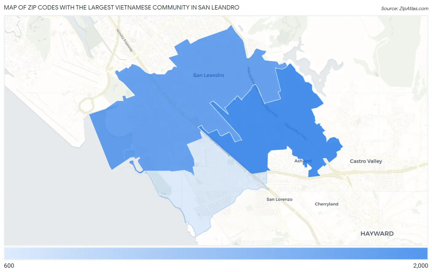 Zip Codes with the Largest Vietnamese Community in San Leandro Map
