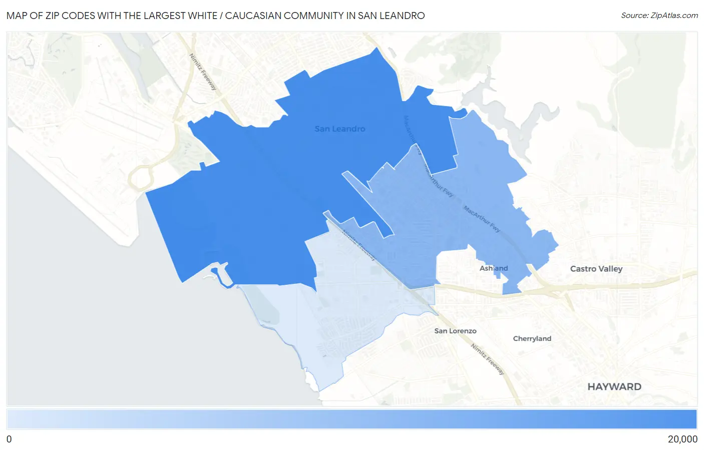Zip Codes with the Largest White / Caucasian Community in San Leandro Map