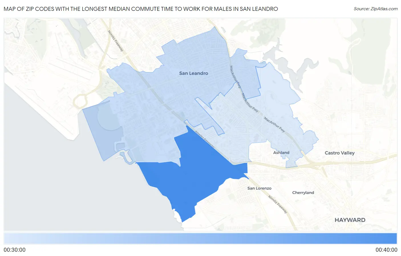 Zip Codes with the Longest Median Commute Time to Work for Males in San Leandro Map