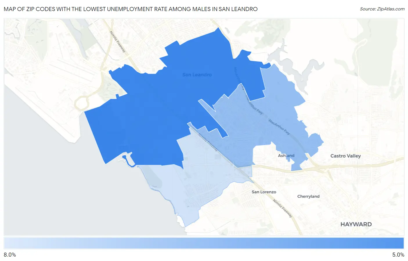 Zip Codes with the Lowest Unemployment Rate Among Males in San Leandro Map