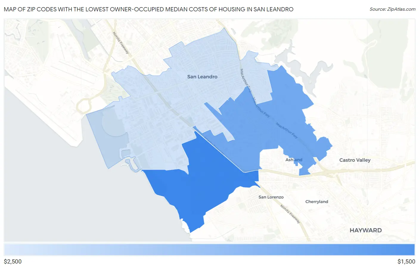 Zip Codes with the Lowest Owner-Occupied Median Costs of Housing in San Leandro Map