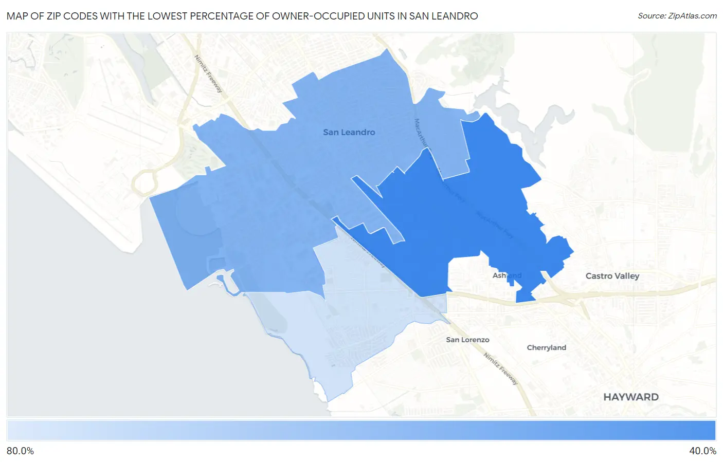 Zip Codes with the Lowest Percentage of Owner-Occupied Units in San Leandro Map