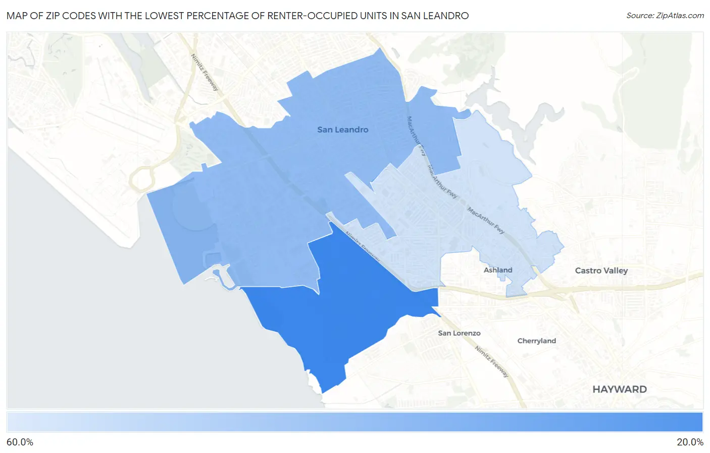 Zip Codes with the Lowest Percentage of Renter-Occupied Units in San Leandro Map
