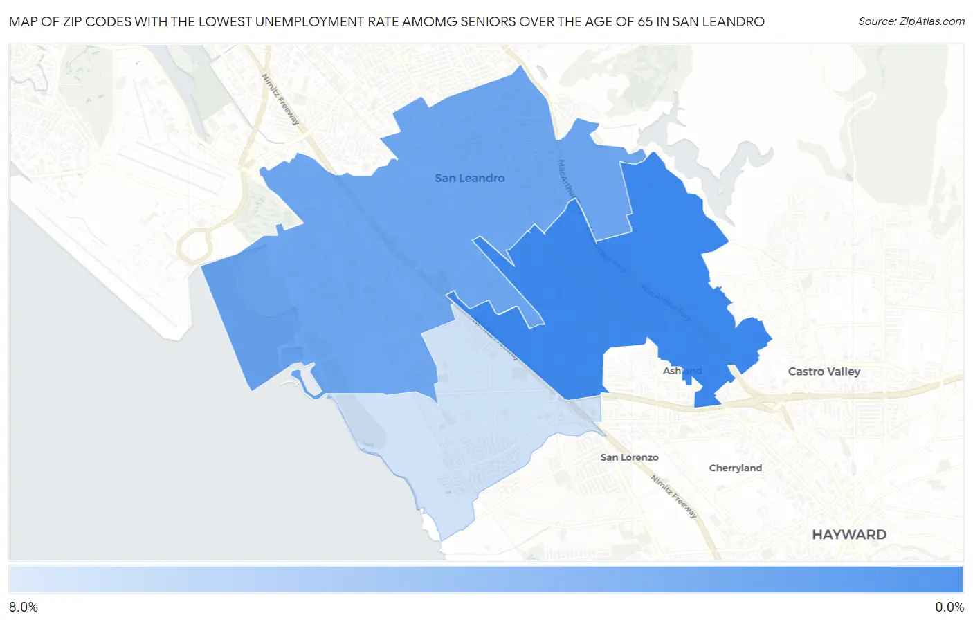 Zip Codes with the Lowest Unemployment Rate Amomg Seniors Over the Age of 65 in San Leandro Map