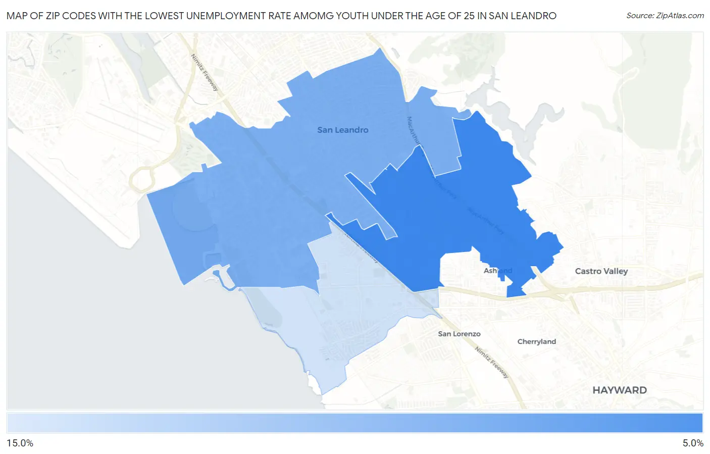 Zip Codes with the Lowest Unemployment Rate Amomg Youth Under the Age of 25 in San Leandro Map