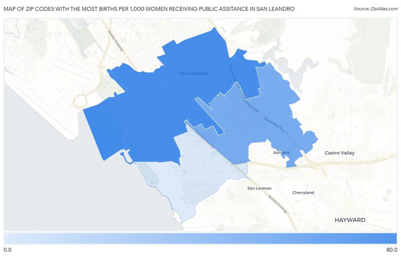 Zip Codes with the Most Births per 1,000 Women Receiving Public Assitance in San Leandro Map