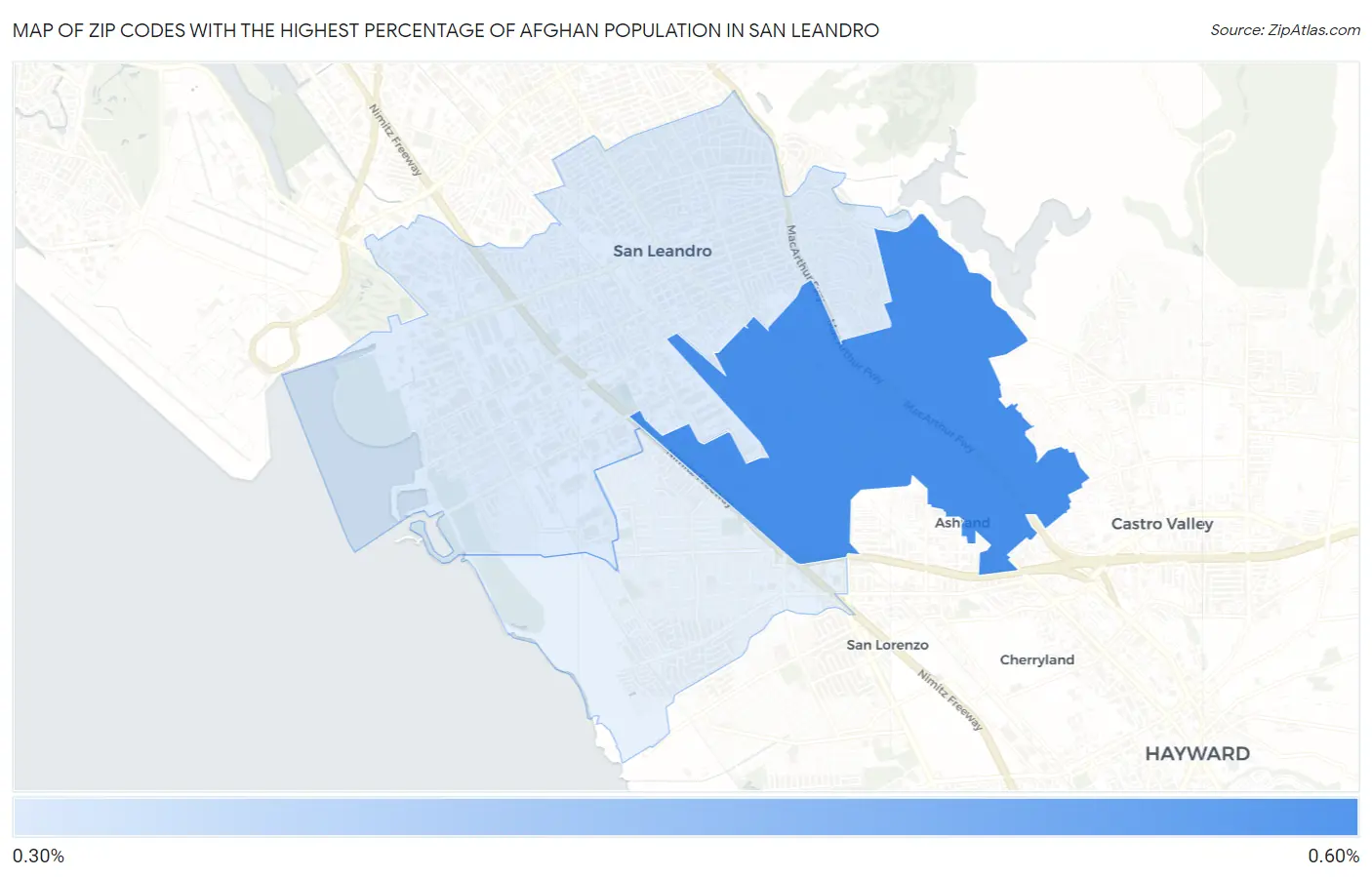 Zip Codes with the Highest Percentage of Afghan Population in San Leandro Map