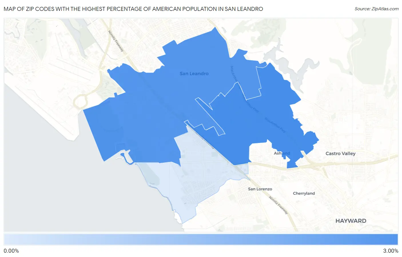 Zip Codes with the Highest Percentage of American Population in San Leandro Map