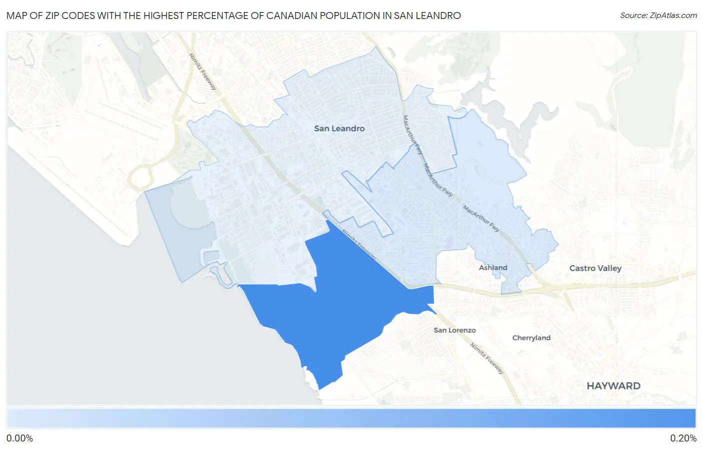 Zip Codes with the Highest Percentage of Canadian Population in San Leandro Map